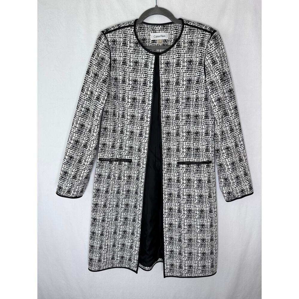 Calvin Klein Long Line Jacket Career White black faux leather trim topper 6